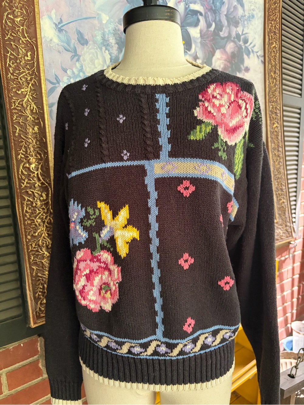 Floral Crewneck Sweater - Black with Pink Rose
